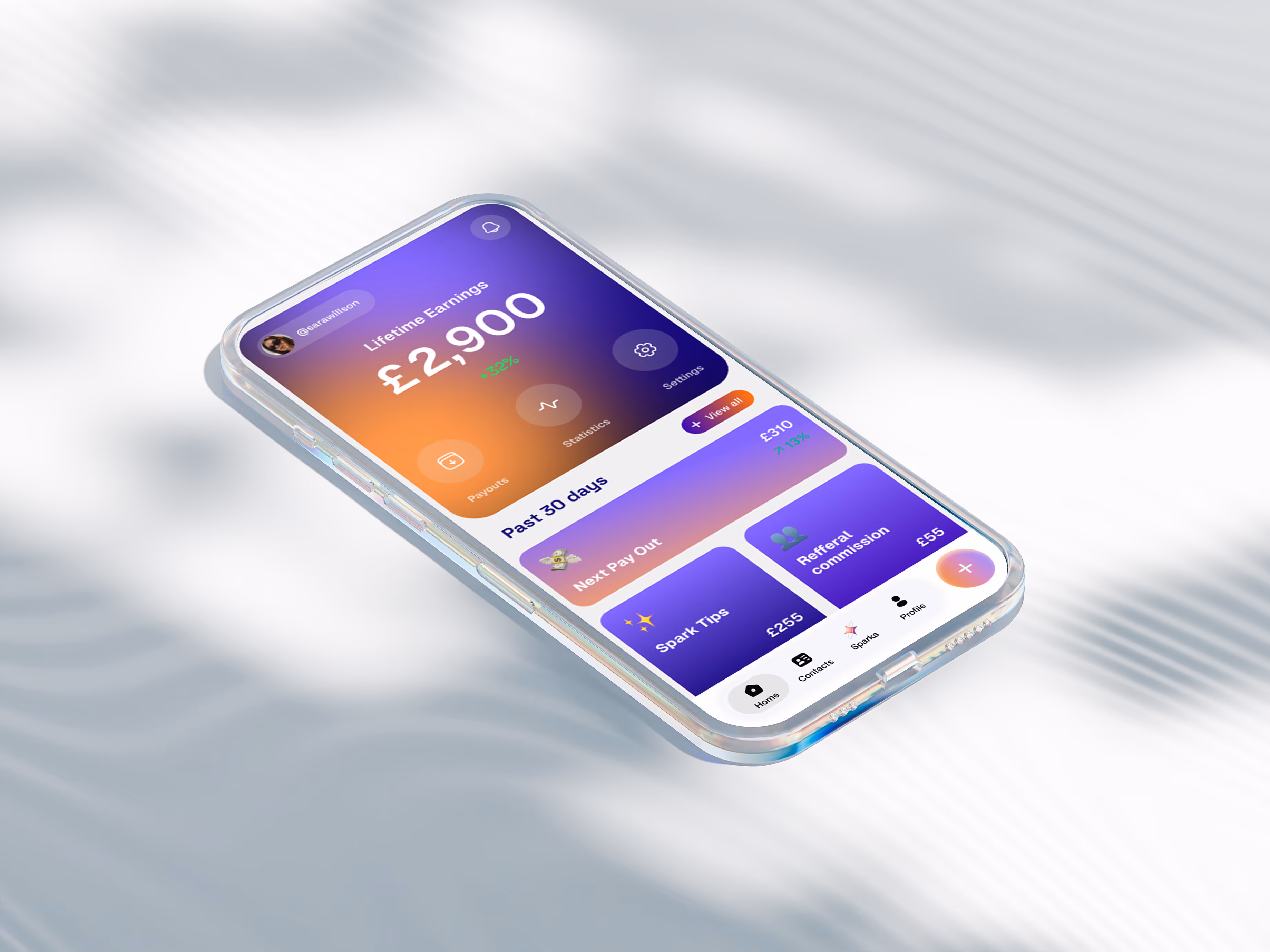 Kuriuus Champion payouts and analytics dashboard on iPhone