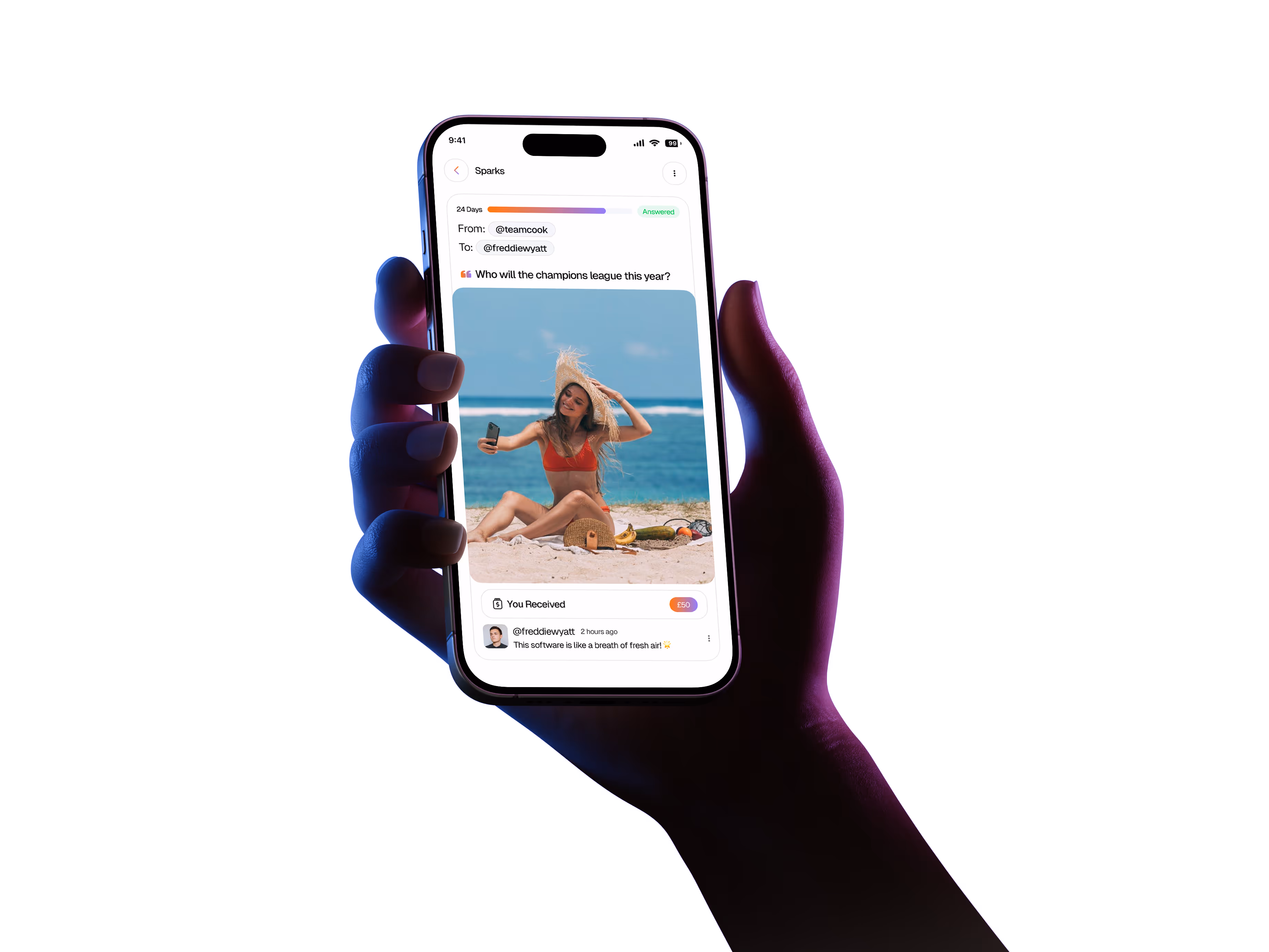 Hand holding iPhone showing Kuriuus sparks and tipping