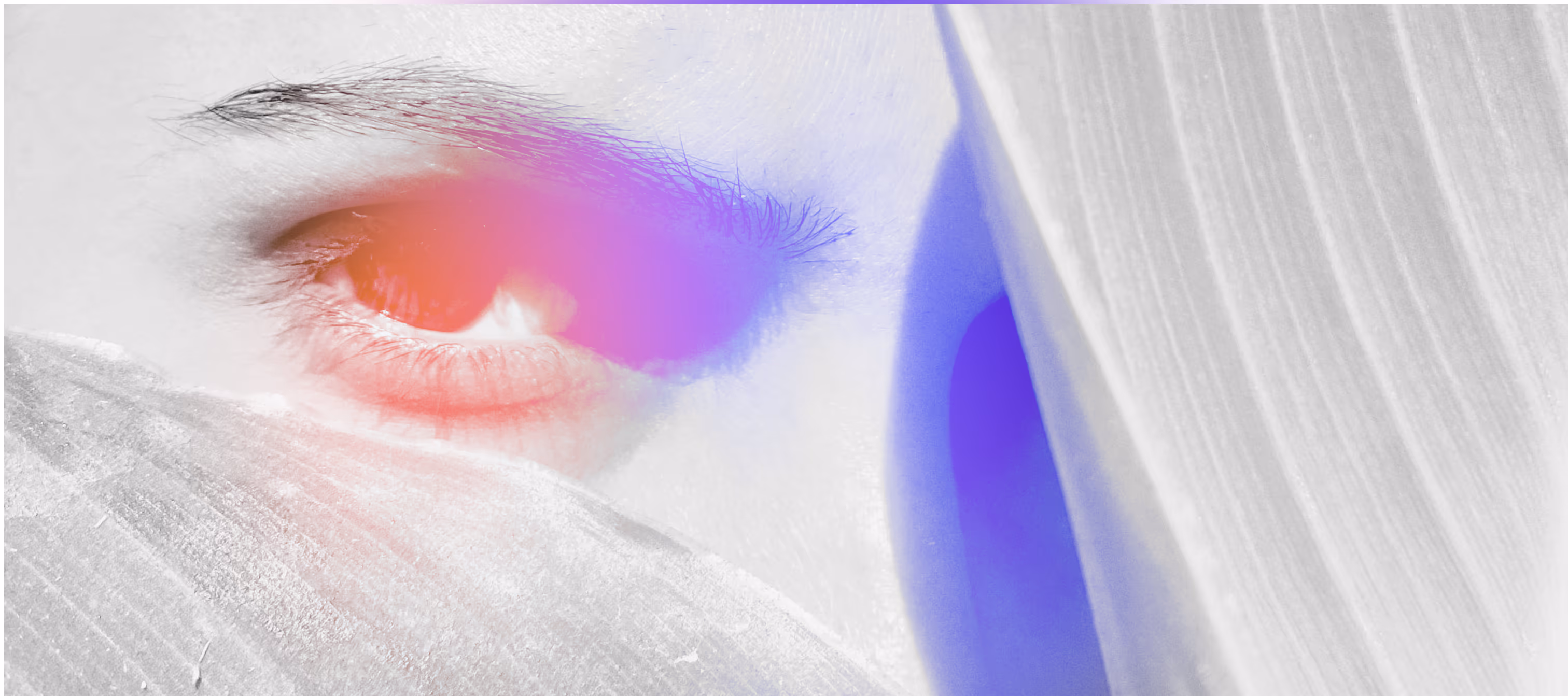Abstract close-up artwork with an eye and colorful light leaks, representing curiosity on Kuriuus
