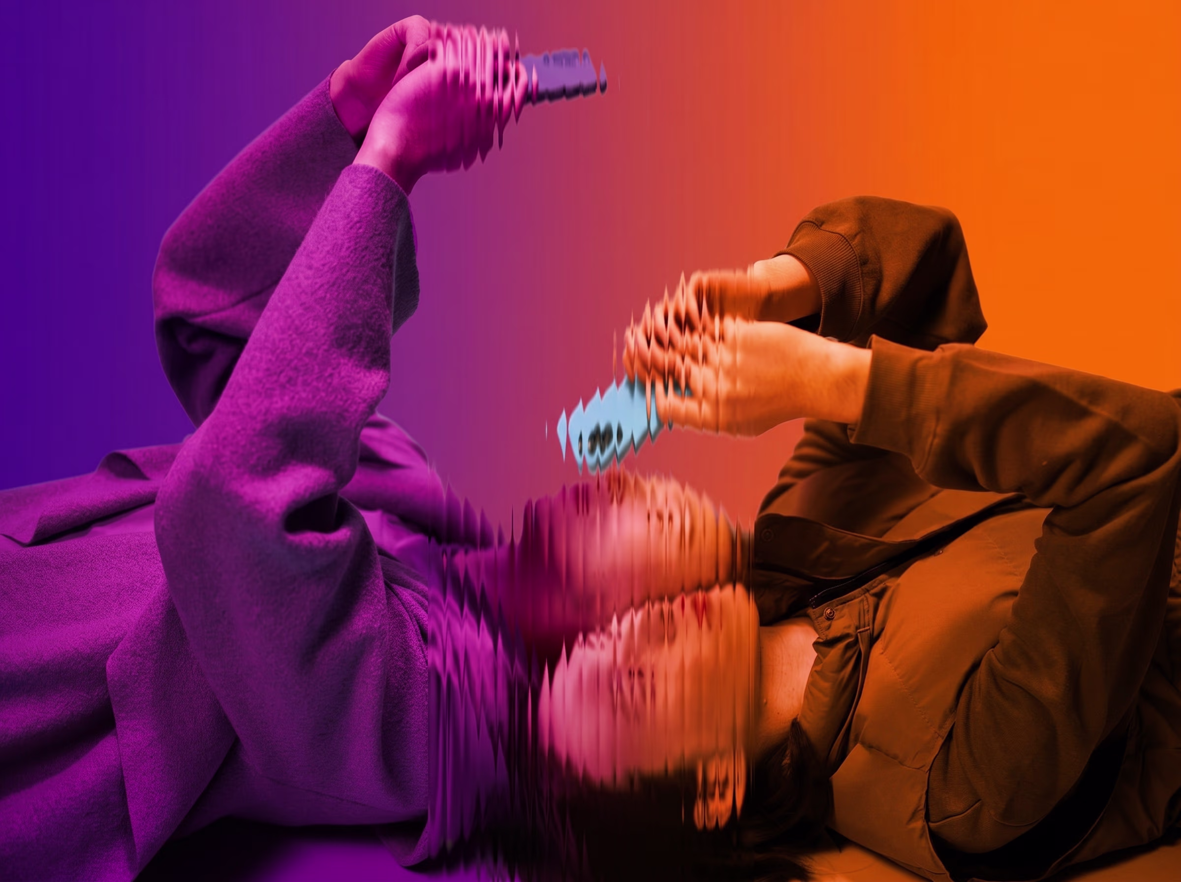 Two people lying head-to-head against a purple-to-orange gradient, representing connection on Kuriuus